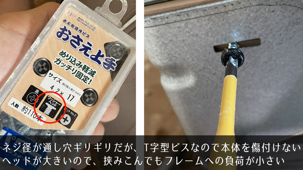 T字型で頭が大きくめり込みしにくいビス「おさえ上手」