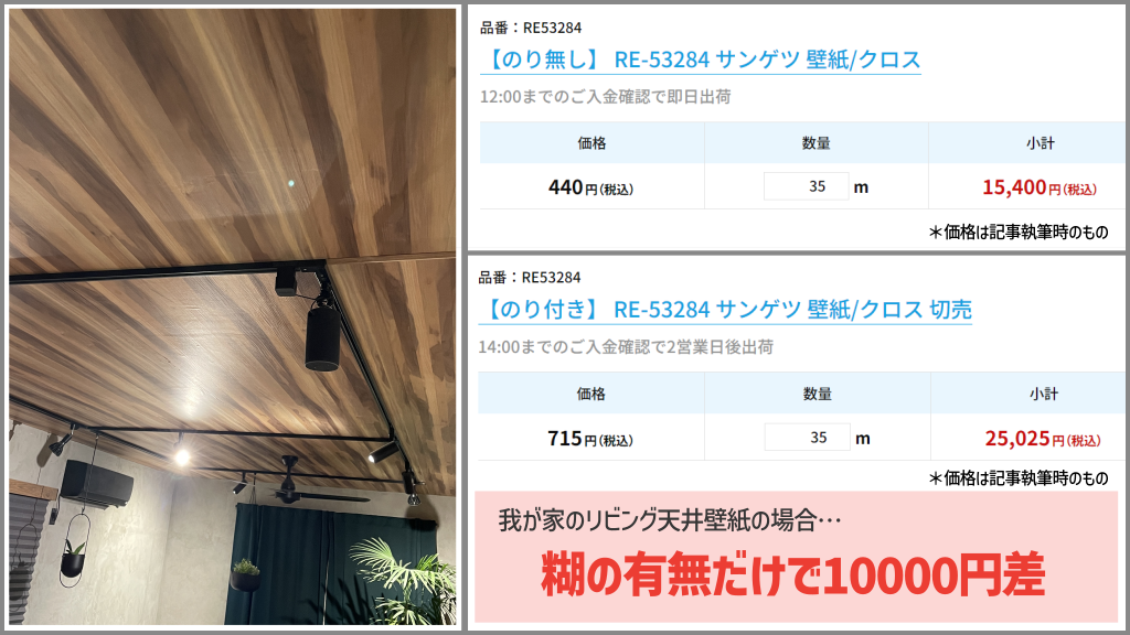 35ｍの壁紙が、のりの有無だけで10000円ほどの差になることもある