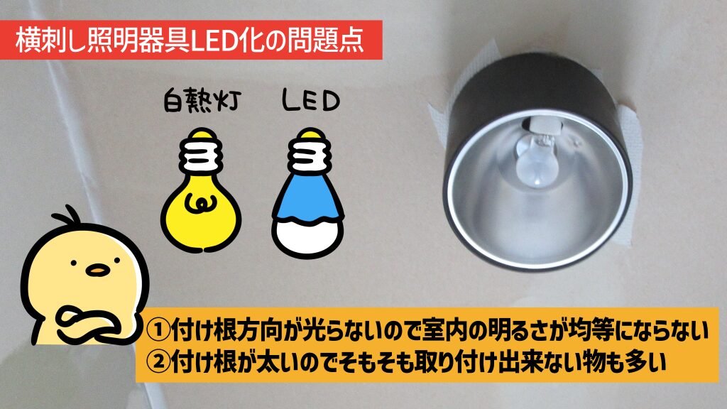 理由①：付け根方向が光らないので室内の明るさが均等にならない理由②：付け根が太いのでそもそも取り付け自体ができない物が多い