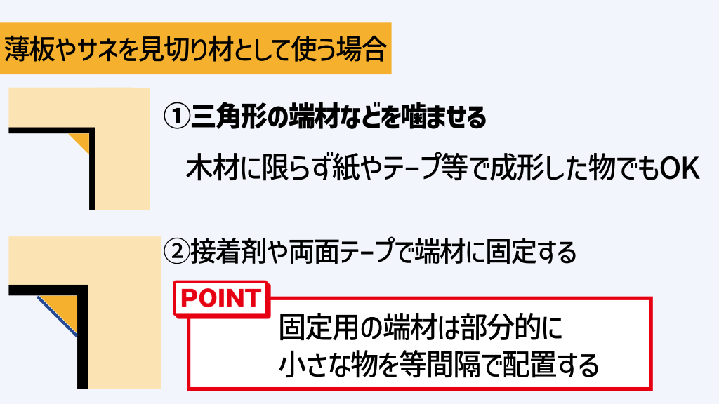 薄板やサネを見切り材として浮かう場合は先に端材などを噛ませる