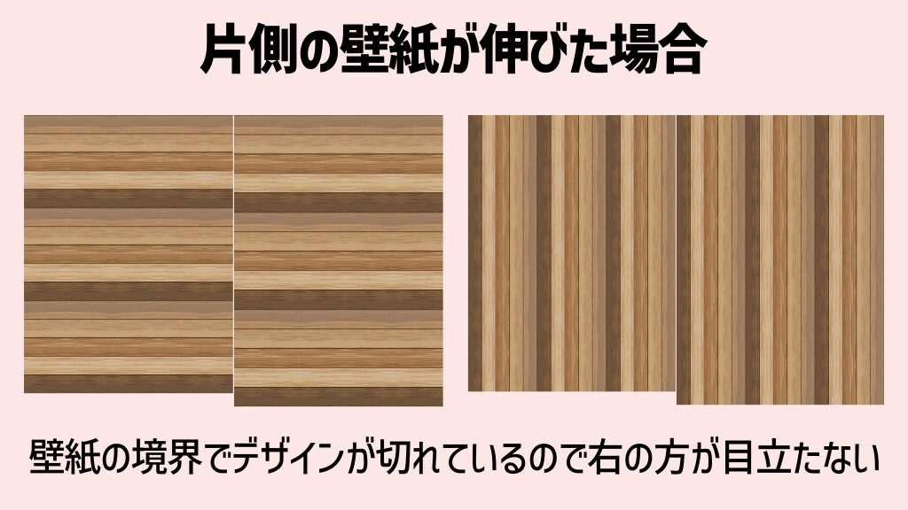 片側の壁紙が伸びた場合壁紙の境界でデザインが切れているので右の方が目立たない