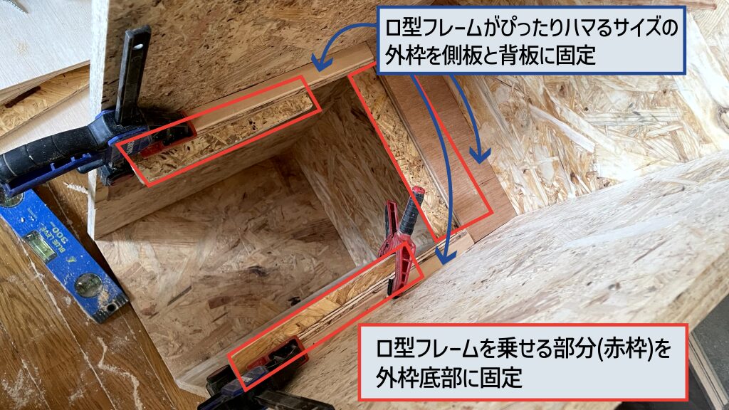 フレームを乗せる部分を箱の内側に作る